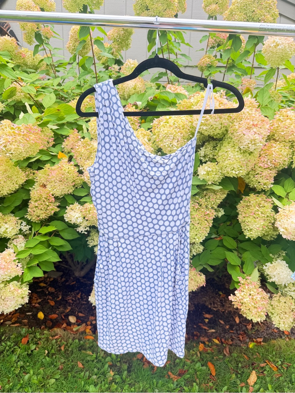 Asymmetric One-Shoulder Blue Dot Print Dress